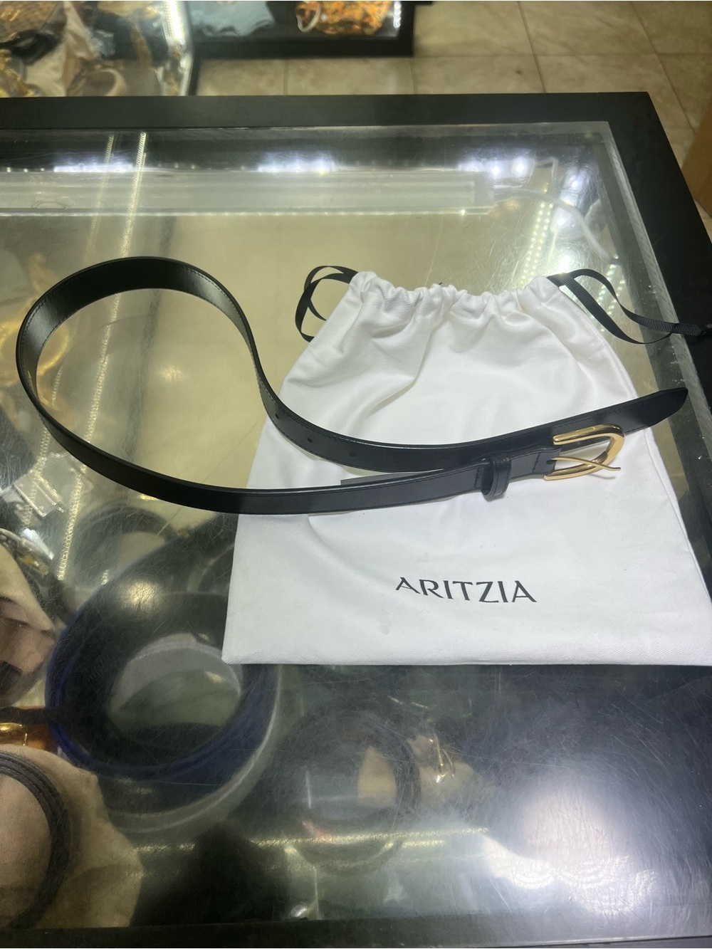 Aritzia Black Leather Belt with Gold Buckle Accent